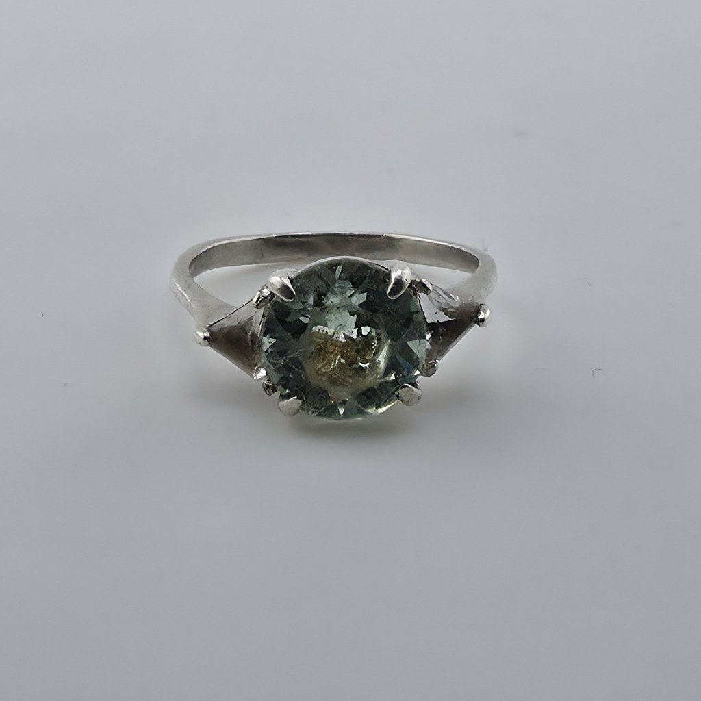 Sterling Silver Ring Blue-Green Stone With Clear Accents Filigree 925 Size 6